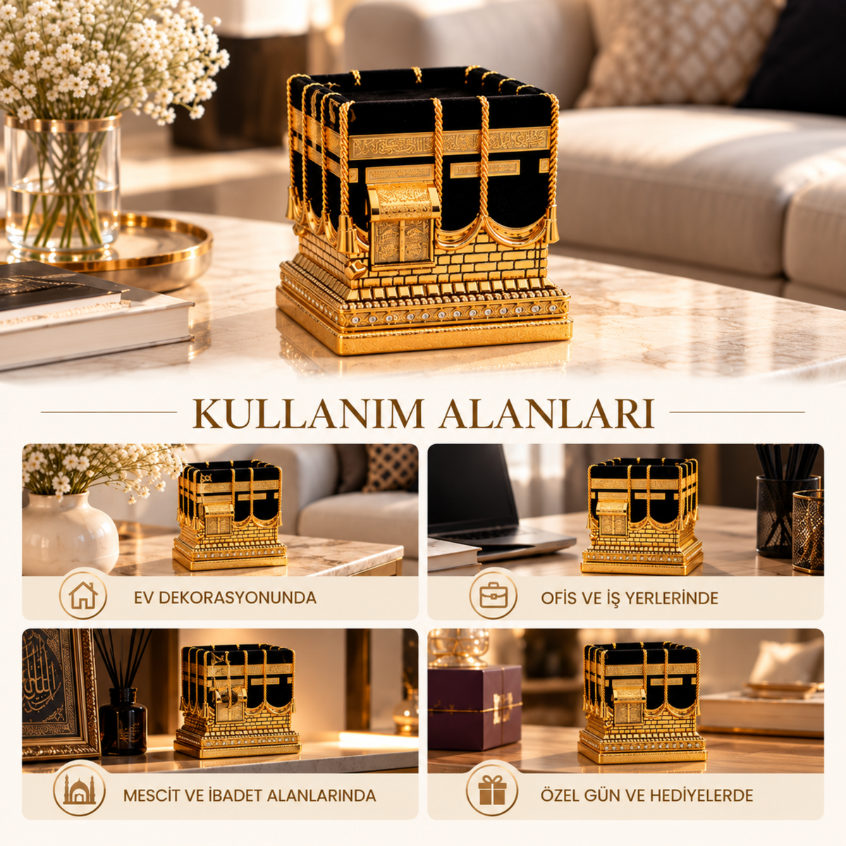 Kâbe-i Muazzama 3 Boyutlu Dekoratif Biblo | Siyah & Gold Özel Tasarım