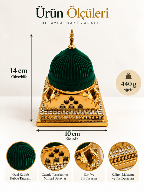 Mescid-i Nebevi Yeşil Kubbe Biblosu | Kadife Dokulu Gold Detaylı İslami Dekor