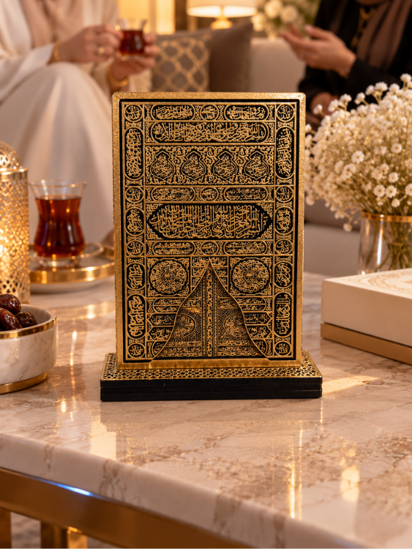 Kâbe Kapısı Motifli Ahşap Dekoratif Biblo | Gold İşlemeli İslami Hat Sanatı
