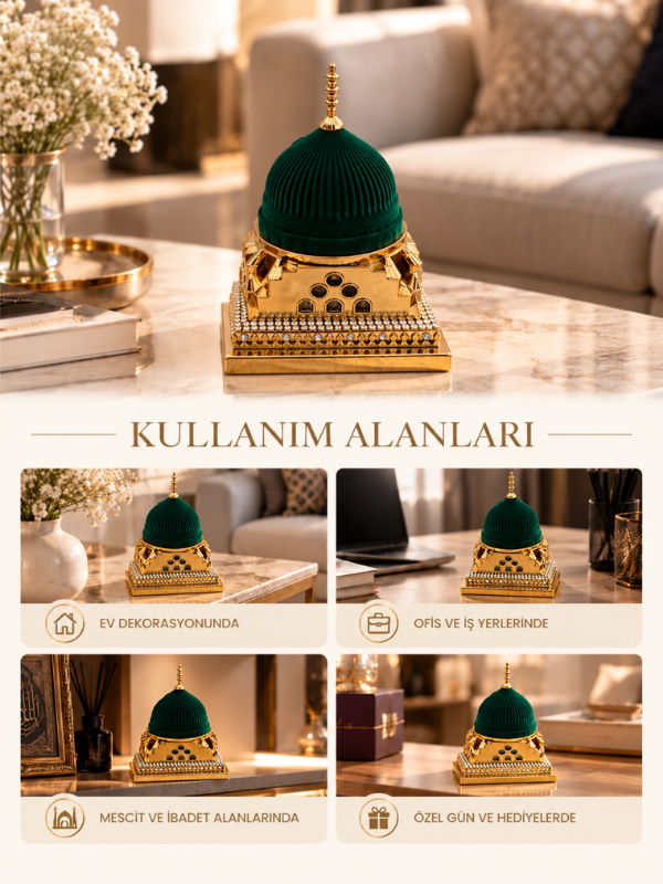 Mescid-i Nebevi Yeşil Kubbe Biblosu | Kadife Dokulu Gold Detaylı İslami Dekor